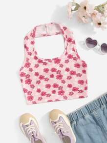 SHEIN Niñas Top halter tejido de canalé floral - Multicolor - Ver 1
