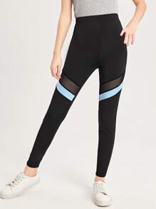 SHEIN Leggings Bé Gái Tương phản Mesh Khối Màu Thể thao - màu đen - Xem 1