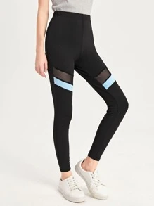 SHEIN Leggings Bé Gái Tương phản Mesh Khối Màu Thể thao - màu đen - Xem 3