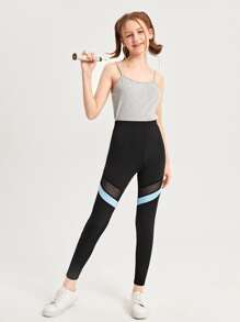 SHEIN Leggings Bé Gái Tương phản Mesh Khối Màu Thể thao - màu đen - Xem 4