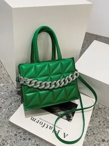 Quadratische Tasche mit Steppmuster, Kette Dekor - Grün - Übersicht 7