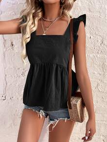 SHEIN Unity Top peplum ribete con fruncido - Negro - Ver 3