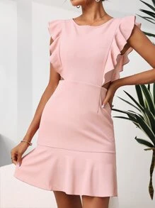 荷葉邊側邊鏤空連衣裙 - 淺粉色 - 查看 1