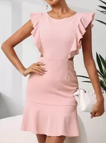 荷葉邊側邊鏤空連衣裙 - 淺粉色 - 查看 4