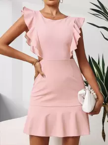 荷葉邊側邊鏤空連衣裙 - 淺粉色 - 查看 5