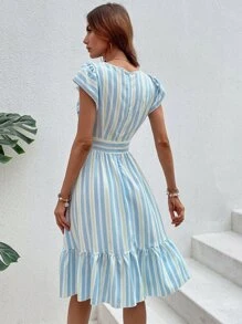 Vestido de rayas verticales bajo con fruncido - Multicolor - Ver 2