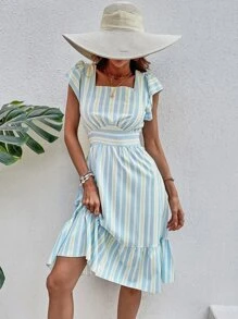 Vestido de rayas verticales bajo con fruncido - Multicolor - Ver 5