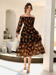 Modelyn 印花一字肩打褶荷葉袖多層下擺連衣裙 - 彩色 - 查看 6