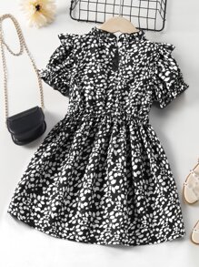SHEIN Young Girl Plant Print Ruffle Trim Puff Sleeve Dress - Black and White - View 2