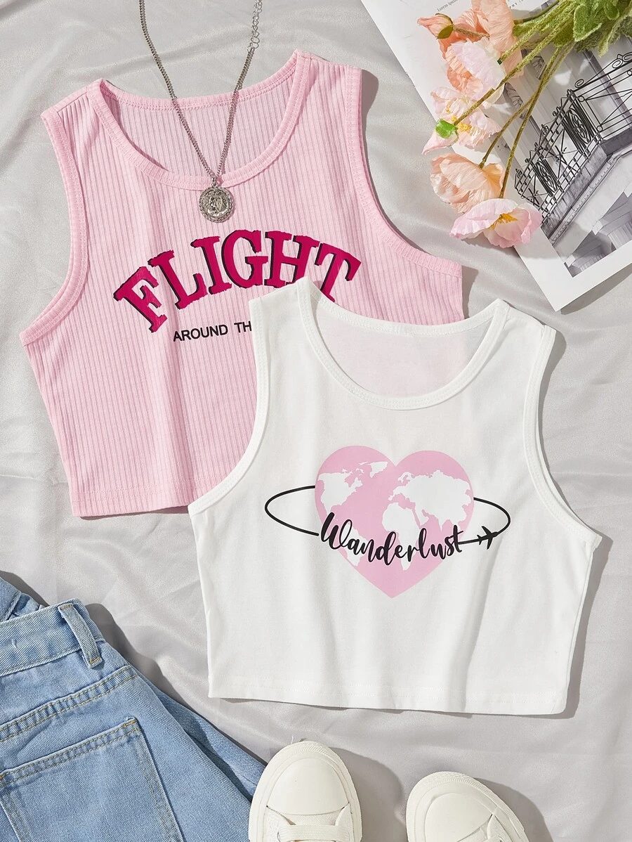 Girls 2pcs Slogan & Heart Print Tank Top - Multicolor - View 1