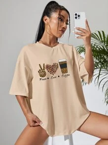 SHEIN EZwear 休閒人像 字母女士T恤 - 杏色 - 查看 4