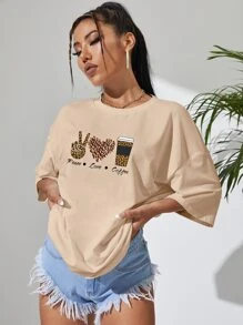 SHEIN EZwear 休閒人像 字母女士T恤 - 杏色 - 查看 5
