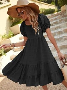 SHEIN VCAY Vestido de manga farol bajo con fruncido - Negro - Ver 3