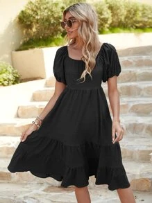 SHEIN VCAY Vestido de manga farol bajo con fruncido - Negro - Ver 5