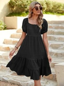 SHEIN VCAY Vestido de manga farol bajo con fruncido - Negro - Ver 6