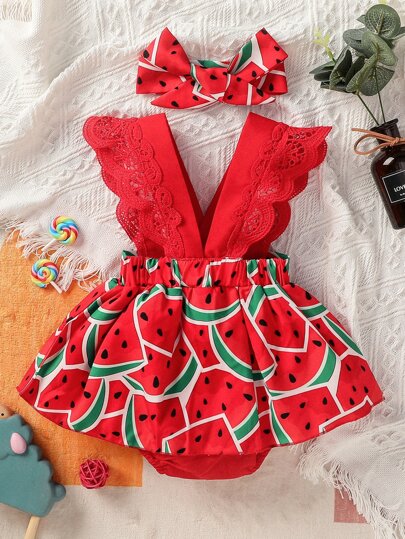 SHEIN Baby Girl Watermelon Print Guipure Lace Trim Combo Bodysuit Dress With Headband