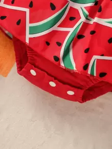 SHEIN Đứa bé gái In dưa hấu Đồ trang trí Lace hoa văn Váy Combo Bodysuit Với băng đô - Đỏ - Xem 3