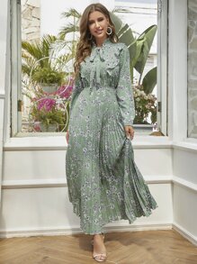 Modelyn 印花百褶下擺繫帶領連衣裙