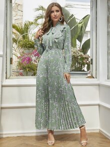 Modelyn 印花百褶下擺繫帶領連衣裙