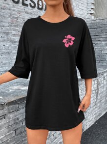 INAWLY 花卉和字母图案落肩超大 T 恤图案 T 恤女式上衣，男女通用