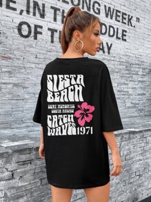 INAWLY 花卉和字母图案落肩超大 T 恤图案 T 恤女式上衣，男女通用