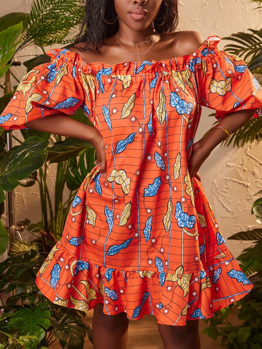 SHEIN SXY Botanical and Striped Print Off Shoulder Ruffle Trim Dress - Multicolor - View 1