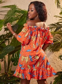 SHEIN SXY Botanical and Striped Print Off Shoulder Ruffle Trim Dress - Multicolor - View 2