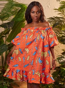 SHEIN SXY Botanical and Striped Print Off Shoulder Ruffle Trim Dress - Multicolor - View 4