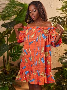 SHEIN SXY Botanical and Striped Print Off Shoulder Ruffle Trim Dress - Multicolor - View 5