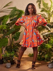 SHEIN SXY Botanical and Striped Print Off Shoulder Ruffle Trim Dress - Multicolor - View 6