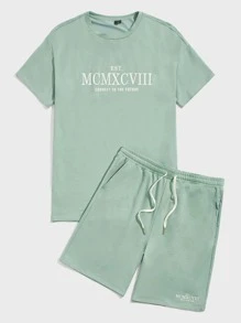 GENTILAND Men Slogan Graphic Tee & Drawstring Waist Shorts - Mint Green - View 1