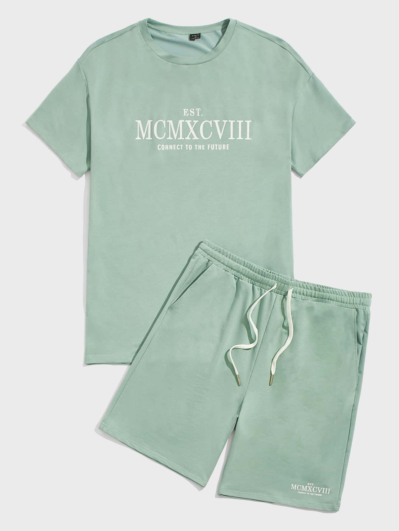 GENTILAND Men Slogan Graphic Tee & Drawstring Waist Shorts - Mint Green - View 1