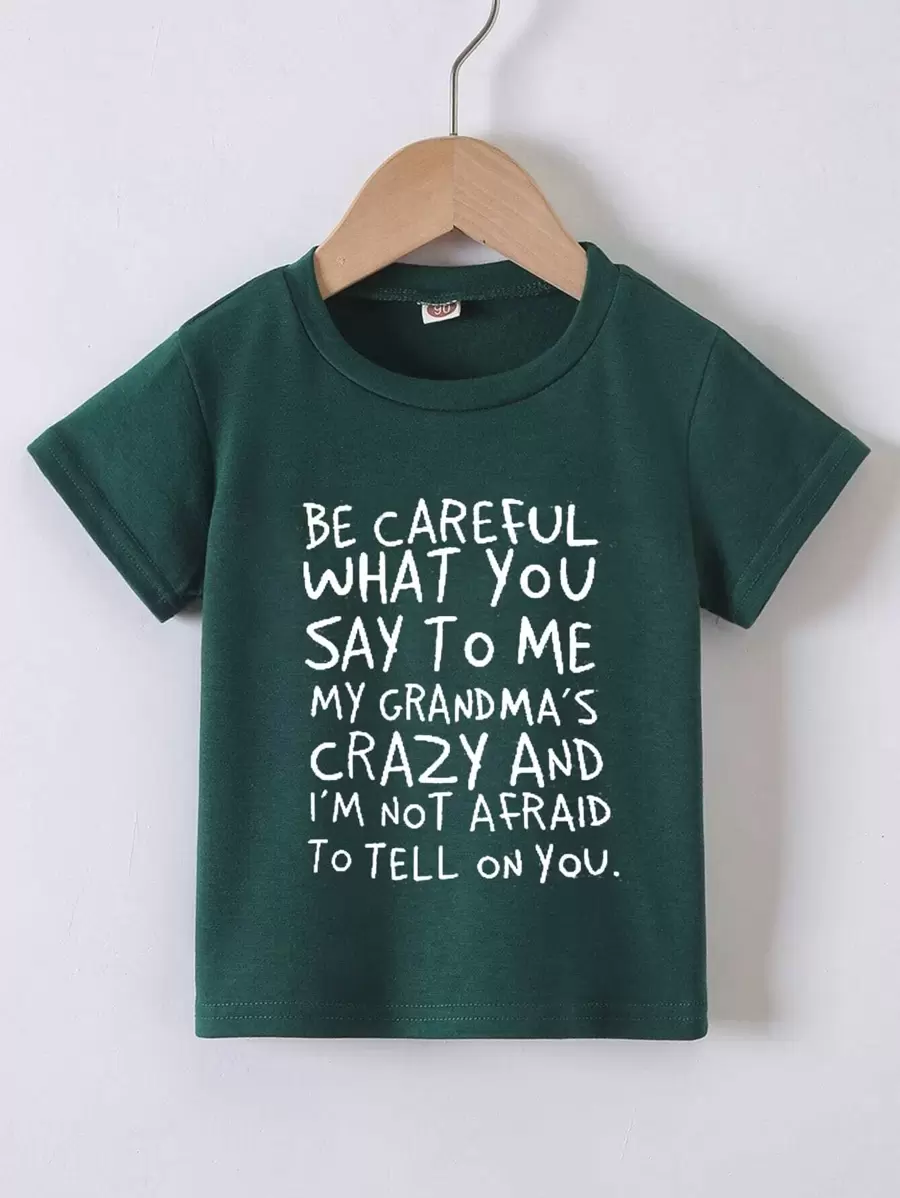 SHEIN Áo thun ngắn tay cổ tròn in chữ thời trang đi biển cho bé trai trẻ, Xuân/Hè - Màu xanh lá cây đậm - Xem 1