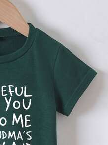 SHEIN Áo thun ngắn tay cổ tròn in chữ thời trang đi biển cho bé trai trẻ, Xuân/Hè - Màu xanh lá cây đậm - Xem 3
