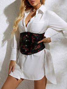 Floral Embroidery Lace Up Corset Belt Without Blouse - Black - View 3