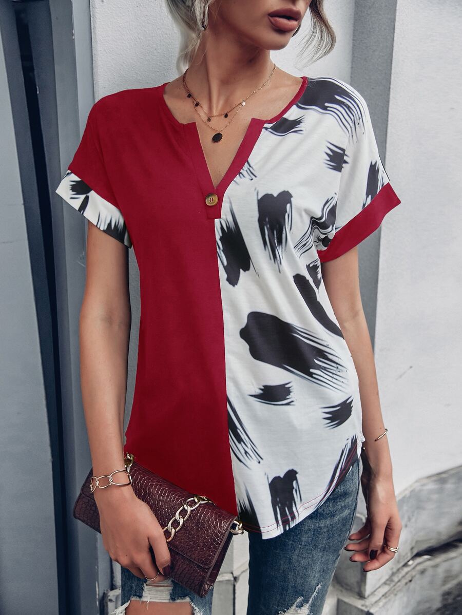 SHEIN LUNE Brush Print Batwing Sleeve Tee - Red and White - View 1