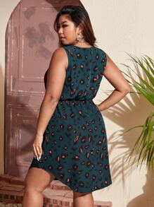 SHEIN LUNE Plus All Over Print Knot Front Curved Hem Dress - Teal Blue - View 2