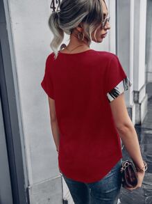 SHEIN LUNE Brush Print Batwing Sleeve Tee - Red and White - View 2