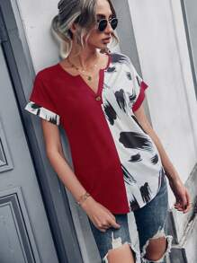 SHEIN LUNE Brush Print Batwing Sleeve Tee - Red and White - View 3