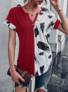 SHEIN LUNE Brush Print Batwing Sleeve Tee - Red and White - View 4