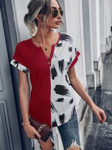 SHEIN LUNE Brush Print Batwing Sleeve Tee - Red and White - View 5