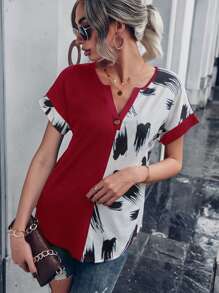 SHEIN LUNE Brush Print Batwing Sleeve Tee - Red and White - View 6