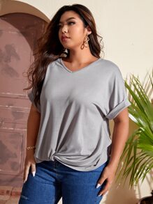 SHEIN LUNE Plus Twist Hem Batwing Sleeve Tee - Grey - View 3