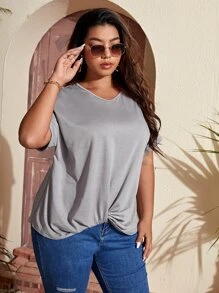 SHEIN LUNE Plus Twist Hem Batwing Sleeve Tee - Grey - View 5