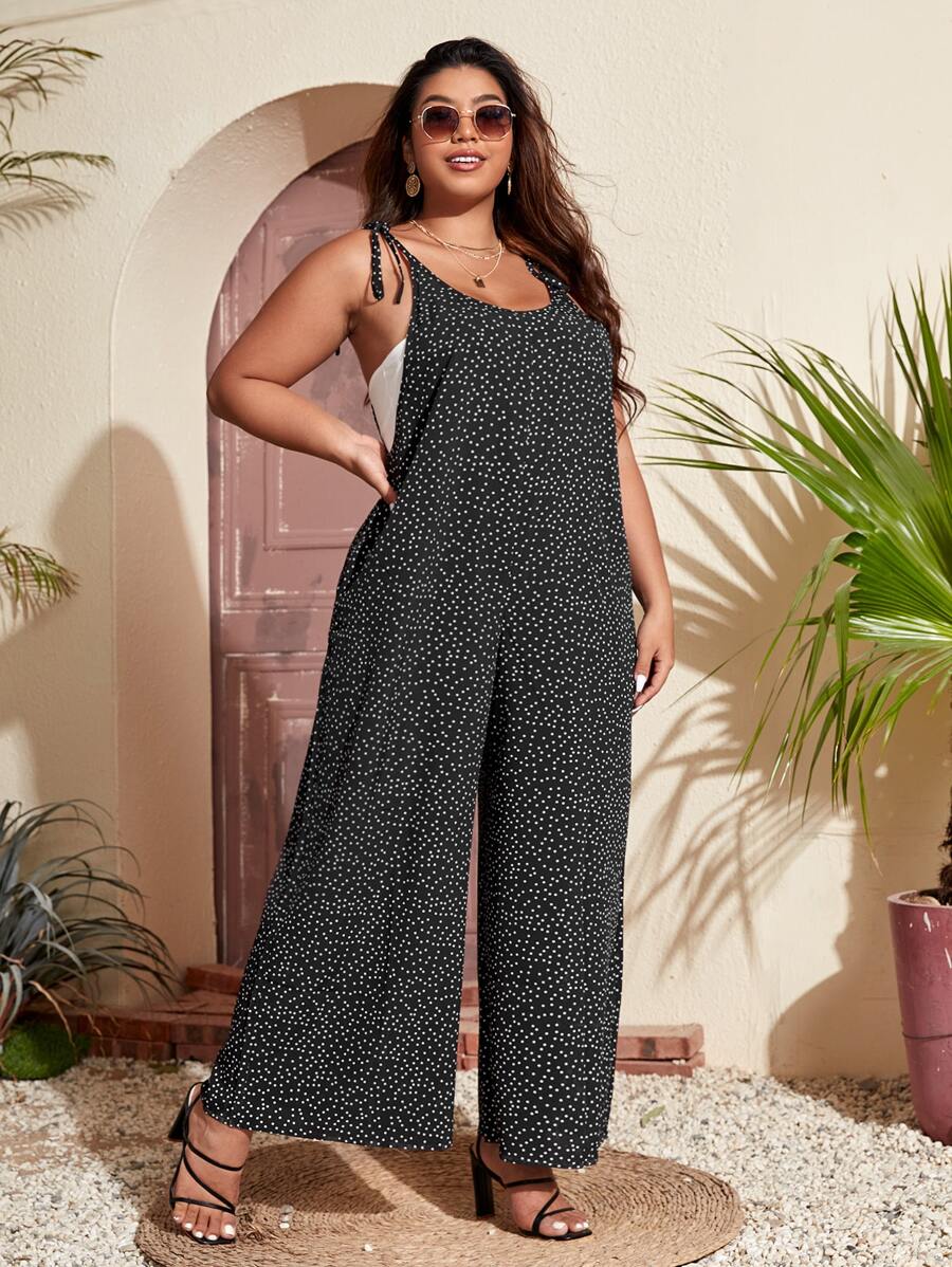SHEIN VCAY Plus Polka Dot Knot Shoulder Cami Jumpsuit - Black - View 1