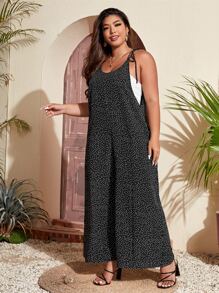 SHEIN VCAY Plus Polka Dot Knot Shoulder Cami Jumpsuit - Black - View 3