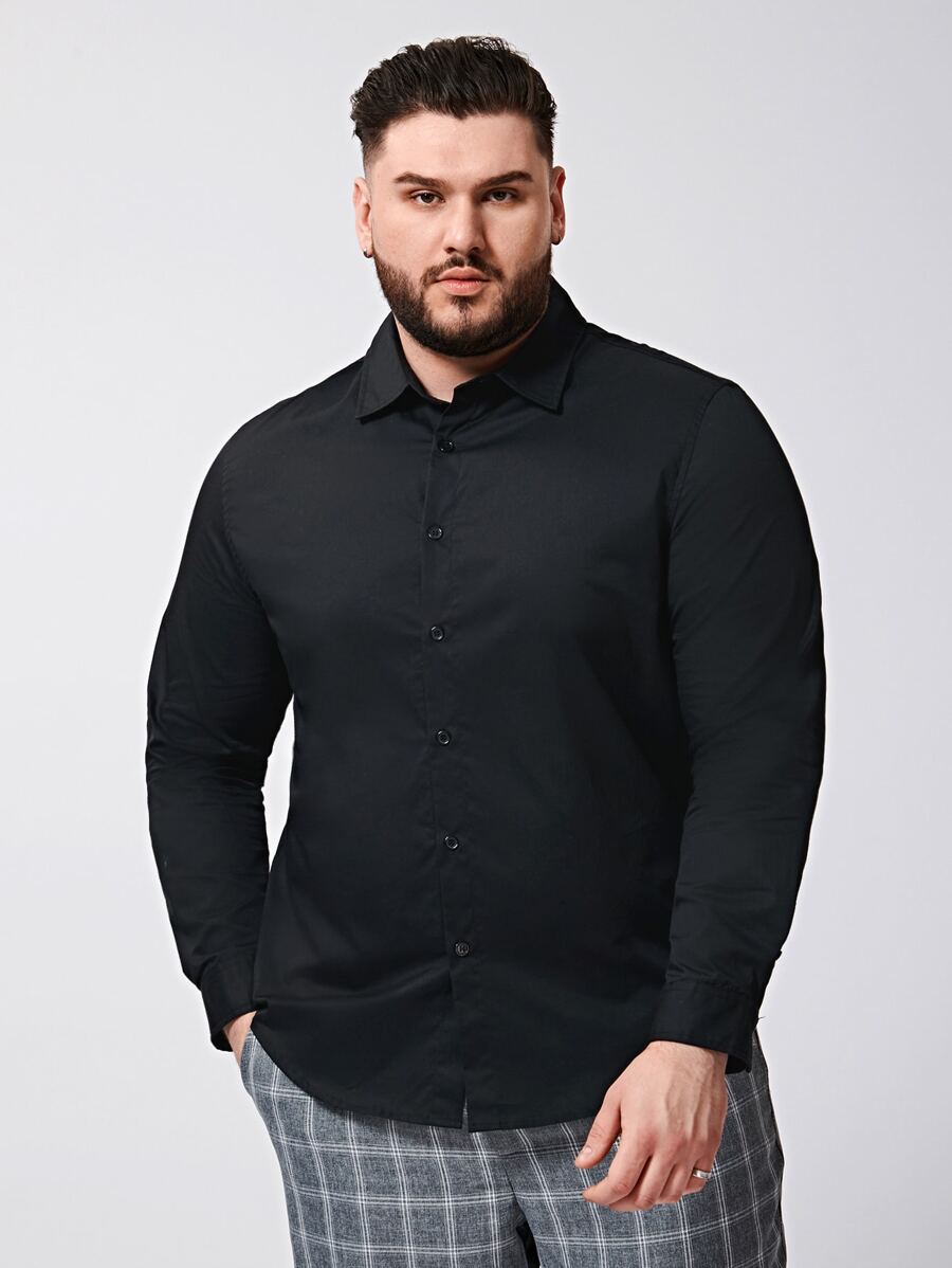 EASEVO Hombres Camisa algodón con botón unicolor - Negro - Ver 1