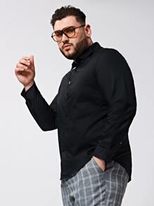 EASEVO Hombres Camisa algodón con botón unicolor - Negro - Ver 3