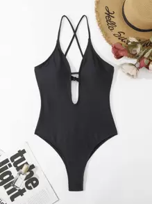 SHEIN Swim Criss-Cross Tie Backless One Piece Swimsuit Summer - Black - View 7