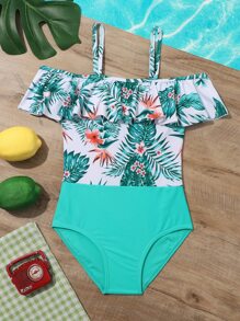 女孩熱帶圖案挖肩連體泳衣